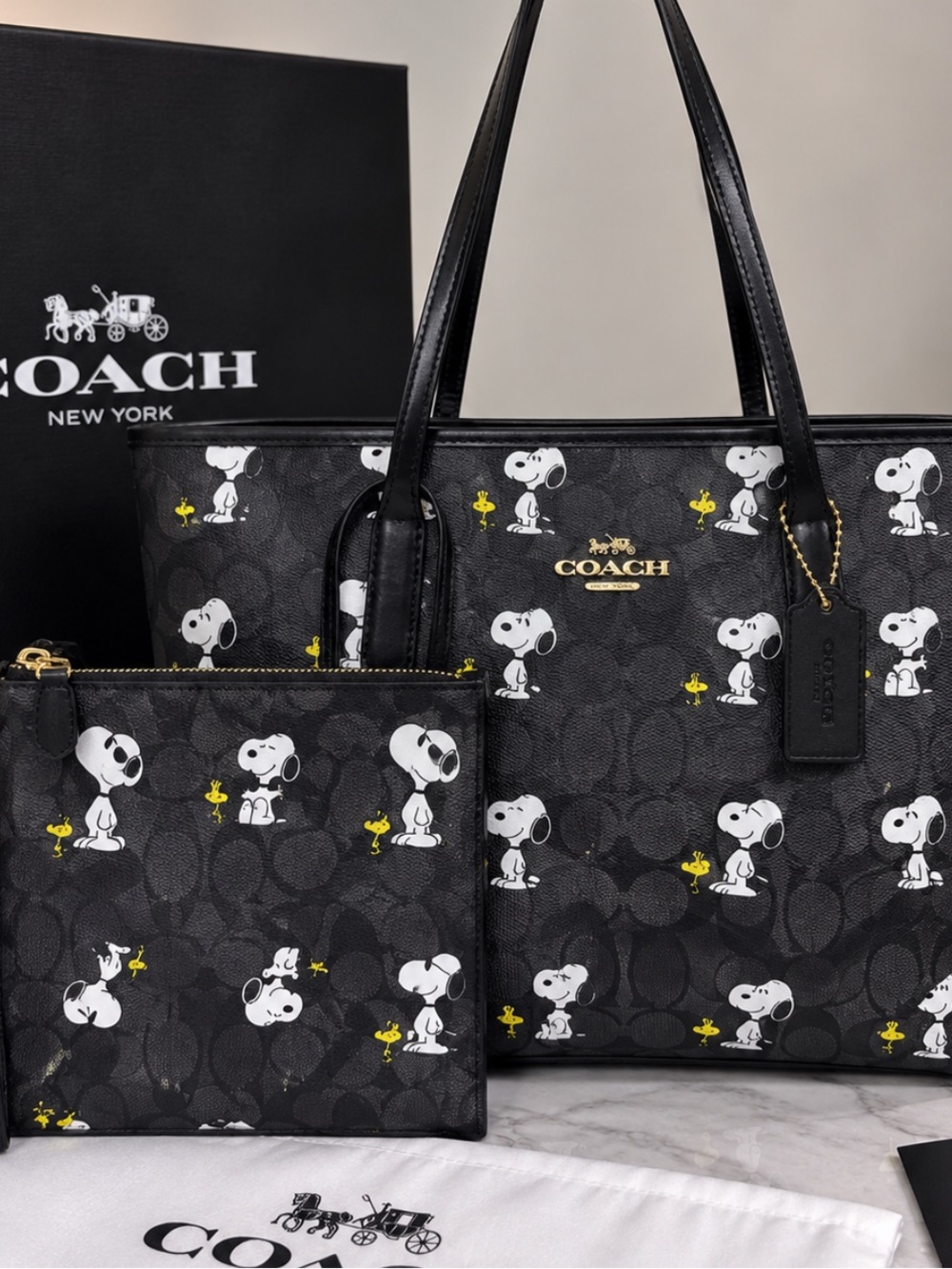 Coach Black Signature Snoopy & Woodstock Tote with Zip Pouch